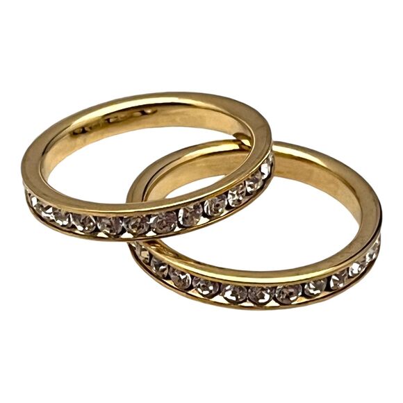 DESIGNER Ring Size 6.5 Two Stackable Bands Gold Simulated Diamonds 2P - Picture 3 of 8